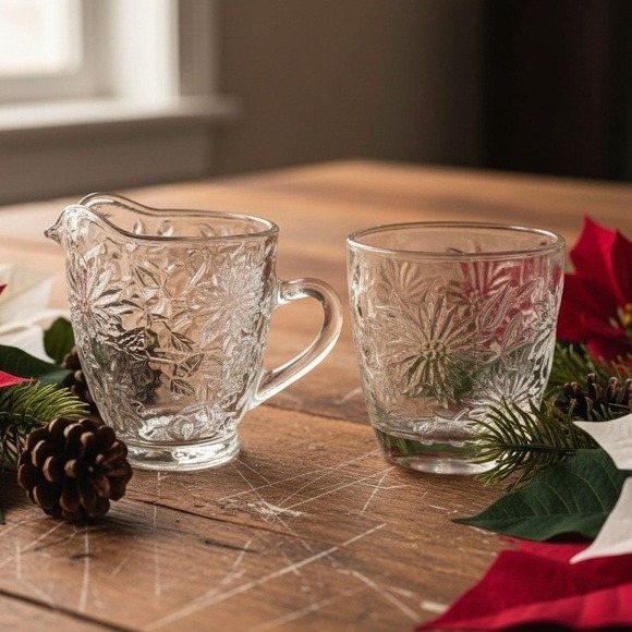 Princess House Other - Princess House Fantasia Open Sugar Bowl & Creamer Set #5242, Etched Poinsettias
